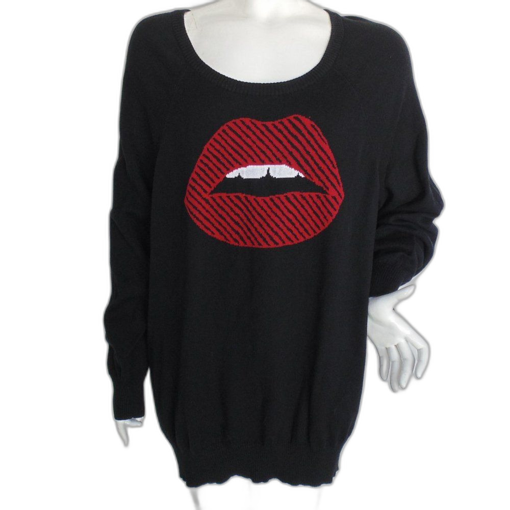 TORRID Sweater, 3/3X, Black, Red Lips, Long sleeve, Wide neck, Cotton Pullover